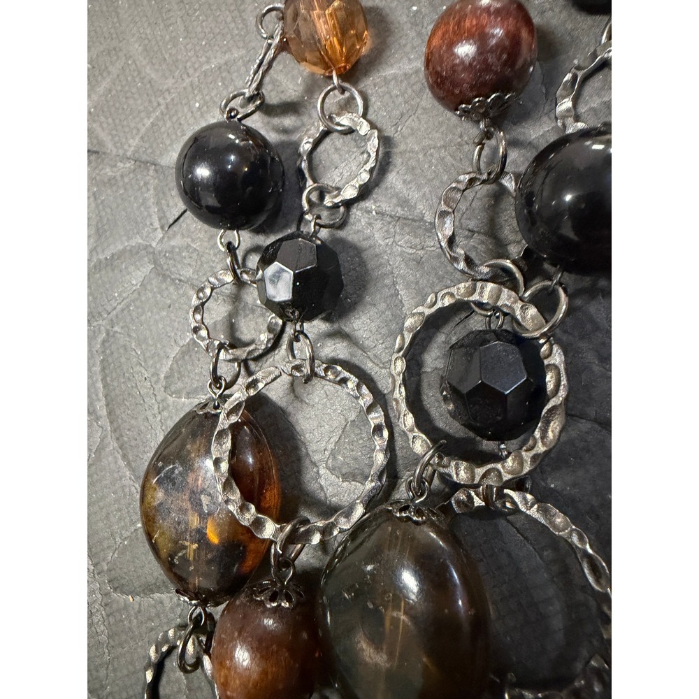 Statement Bib Necklace Brown Black Tortoise Shell Beaded Silver Tone Boho Chunky